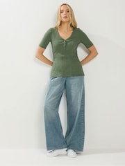 Long Tall Sally Green Short Sleeve Ribbed Henley T-Shirt - Image 2 of 5