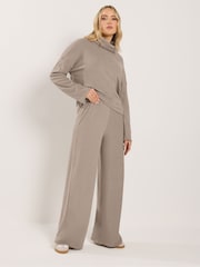 Long Tall Sally Natural Brushed Ribbed Wide Leg Co-ord Trousers - Image 1 of 5