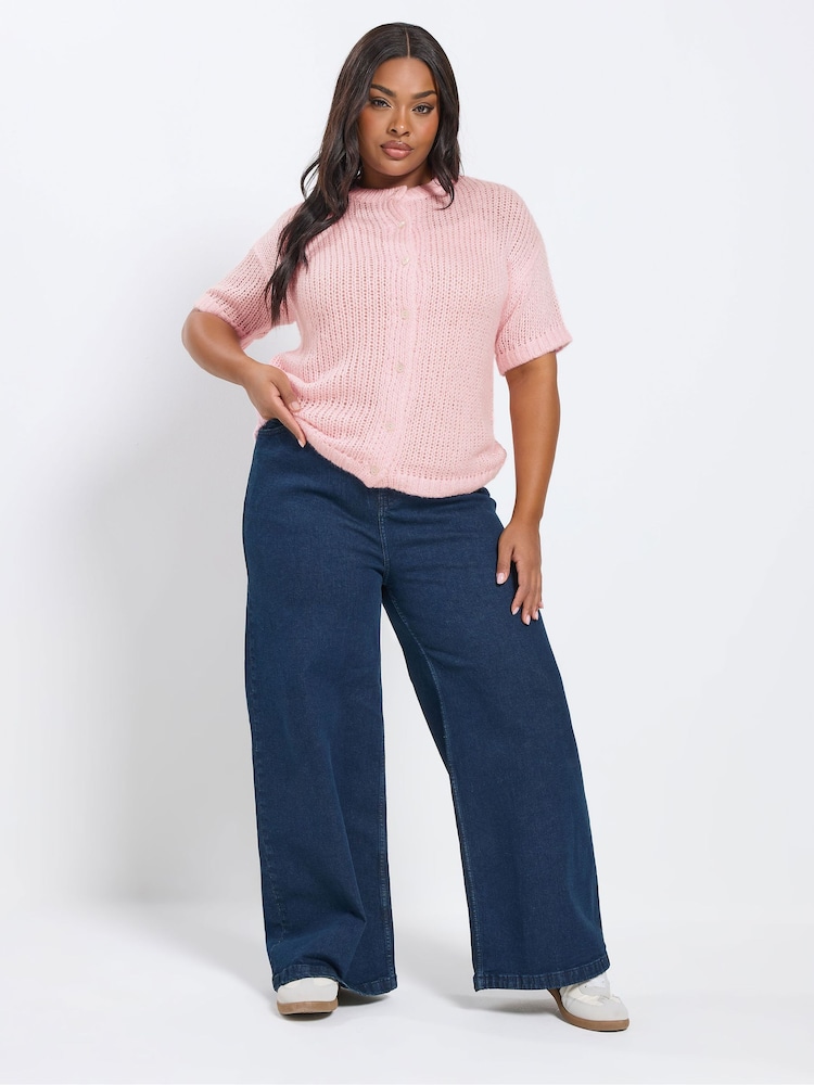 Yours Curve Pink Lofty Short Sleeve Cardigan - Image 2 of 5 Yours Curve Pink Lofty Short Sleeve Cardigan - Image 2 of 5