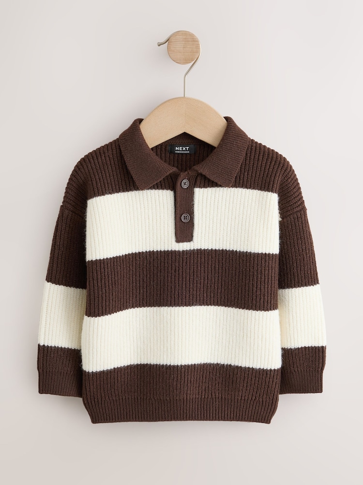 Castanho/Creme - Camisa polo de rugby listrada de malha (3meses a7anos) - Imagem 1 de 4