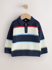 Blue/White Knitted Stripe Rugby Polo Shirt (3mths-7yrs) - Image 1 of 4