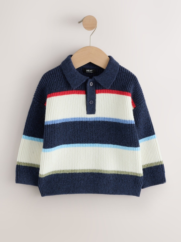 Blue/White Knitted Stripe Rugby Polo Shirt (3mths-7yrs) - Image 1 of 4
