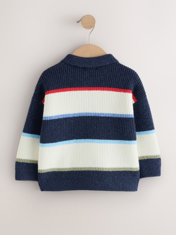 Blue/White Knitted Stripe Rugby Polo Shirt (3mths-7yrs) - Image 2 of 4