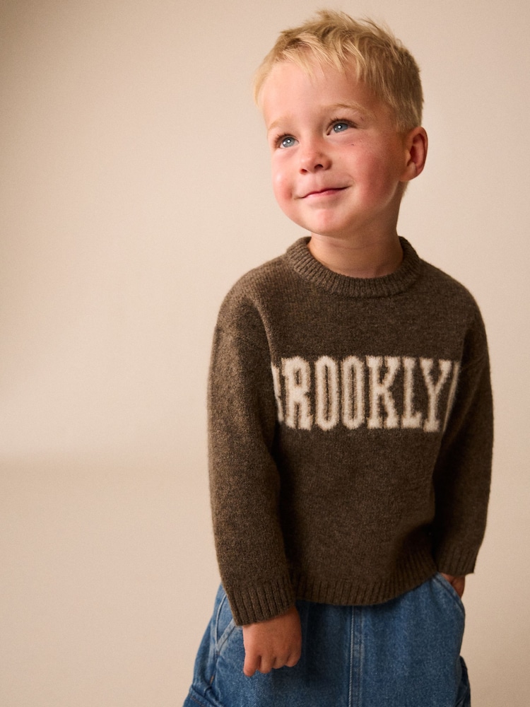 Chocolate Brown Brooklyn Knitted Crew Neck Jumper (3mths-7yrs) - Image 1 of 8 Chocolate Brown Brooklyn Knitted Crew Neck Jumper (3mths-7yrs) - Image 1 of 8