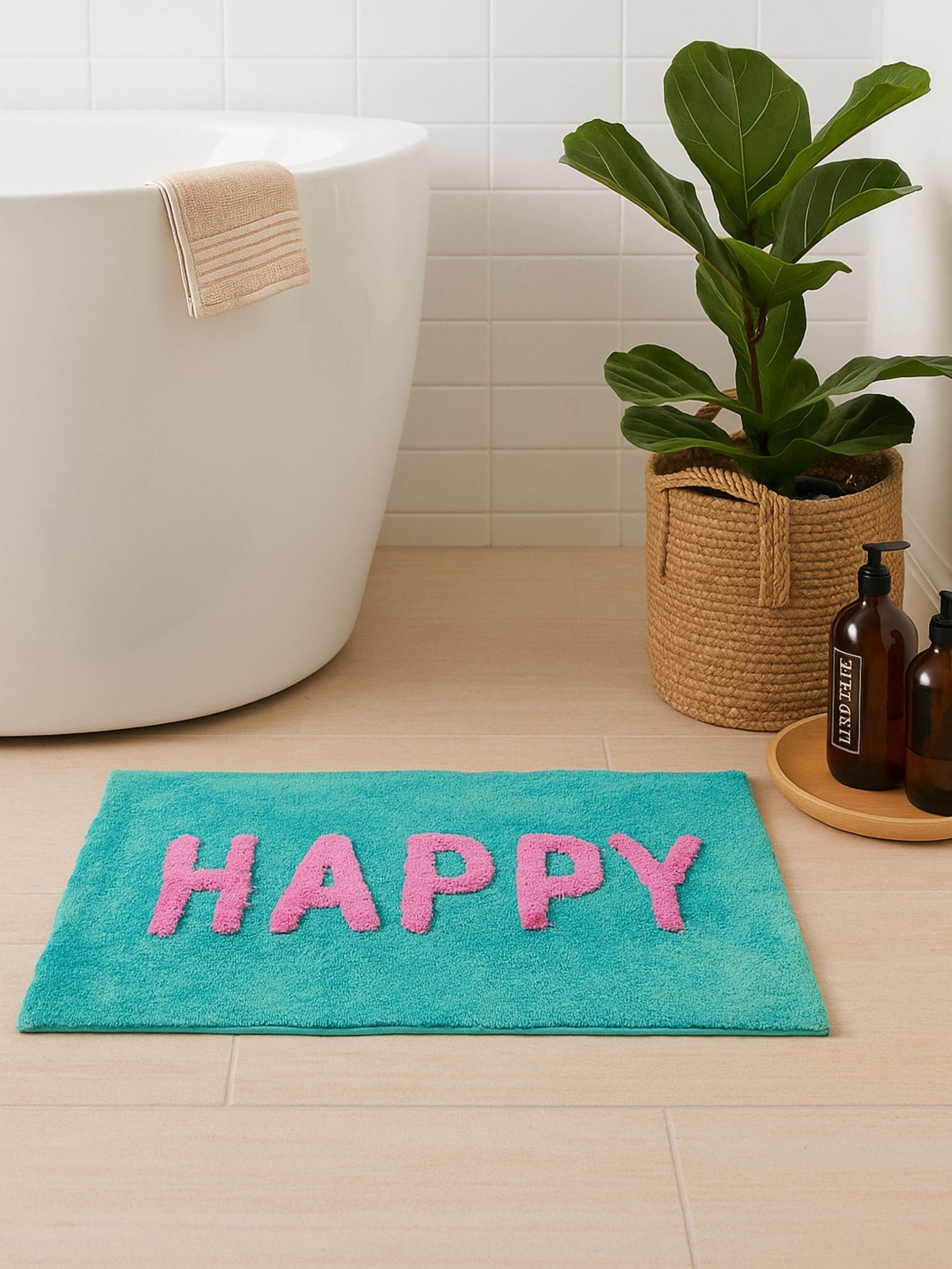 Mooky Mats Unisex Turquoise/Pink Happy Slogan Bath Mat
