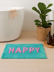 Mooky Mats Turquoise/Pink Happy Slogan Bath Mat - Image 1 of 3