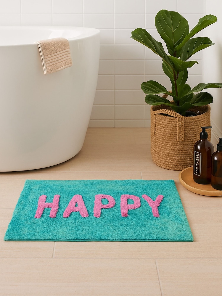 Mooky Mats Turquoise/Pink Happy Slogan Bath Mat - Image 1 of 3