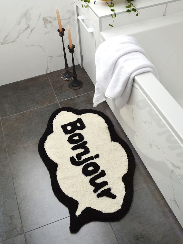 Mooky Mats Cream/Black Bonjour Slogan Bath Mat - Image 1 of 3