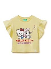 Benetton Yellow Flutter Sleeve Printed T-Shirt - Image 1 of 3