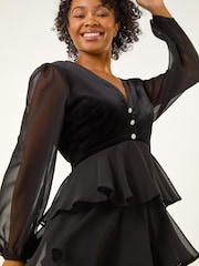 Roman Black Ground Petite Velvet Bodice Layered Dress - Image 4 of 5