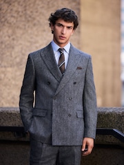Charcoal Grey Signature Double Breasted Tailored Fit Moons British Wool Rich Herringbone Suit Jacket - Image 2 of 8
