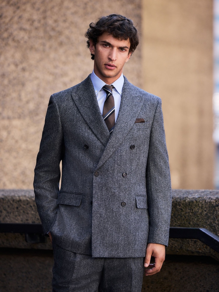 Charcoal Grey Signature Double Breasted Tailored Fit Moons British Wool Rich Herringbone Suit Jacket - Image 2 of 8 Charcoal Grey Signature Double Breasted Tailored Fit Moons British Wool Rich Herringbone Suit Jacket - Image 2 of 8
