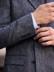Charcoal Grey Signature Double Breasted Tailored Fit Moons British Wool Rich Herringbone Suit Jacket - Image 8 of 8