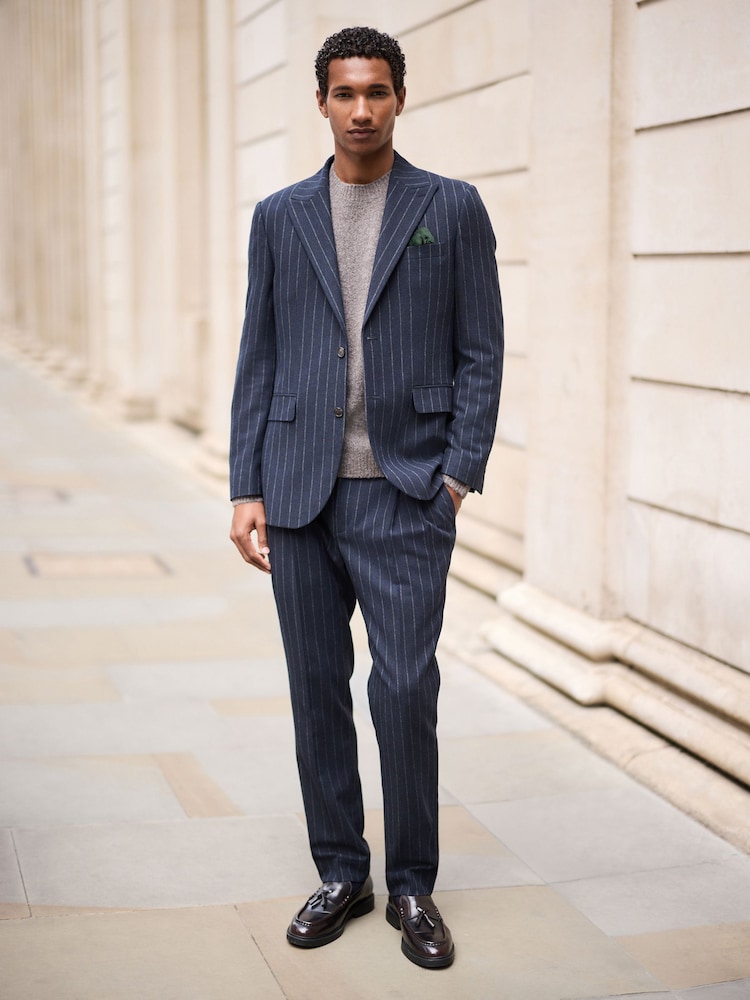 Navy Tailored Fit Stripe With Wool Suit Jacket - Image 2 of 9 Navy Tailored Fit Stripe With Wool Suit Jacket - Image 2 of 9