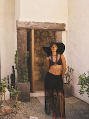 Black Satin Maxi Fringe Detail Sarong - Image 3 of 8