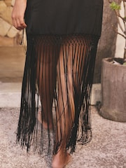 Black Satin Maxi Fringe Detail Sarong - Image 5 of 8