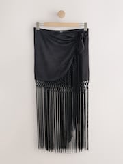 Black Satin Maxi Fringe Detail Sarong - Image 6 of 8