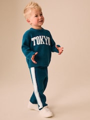 Azul Turquesa Tóquio - Conjunto de suéter de gola redonda e calça de moletom em tricô (3meses a7anos) - Imagem 1 de 5