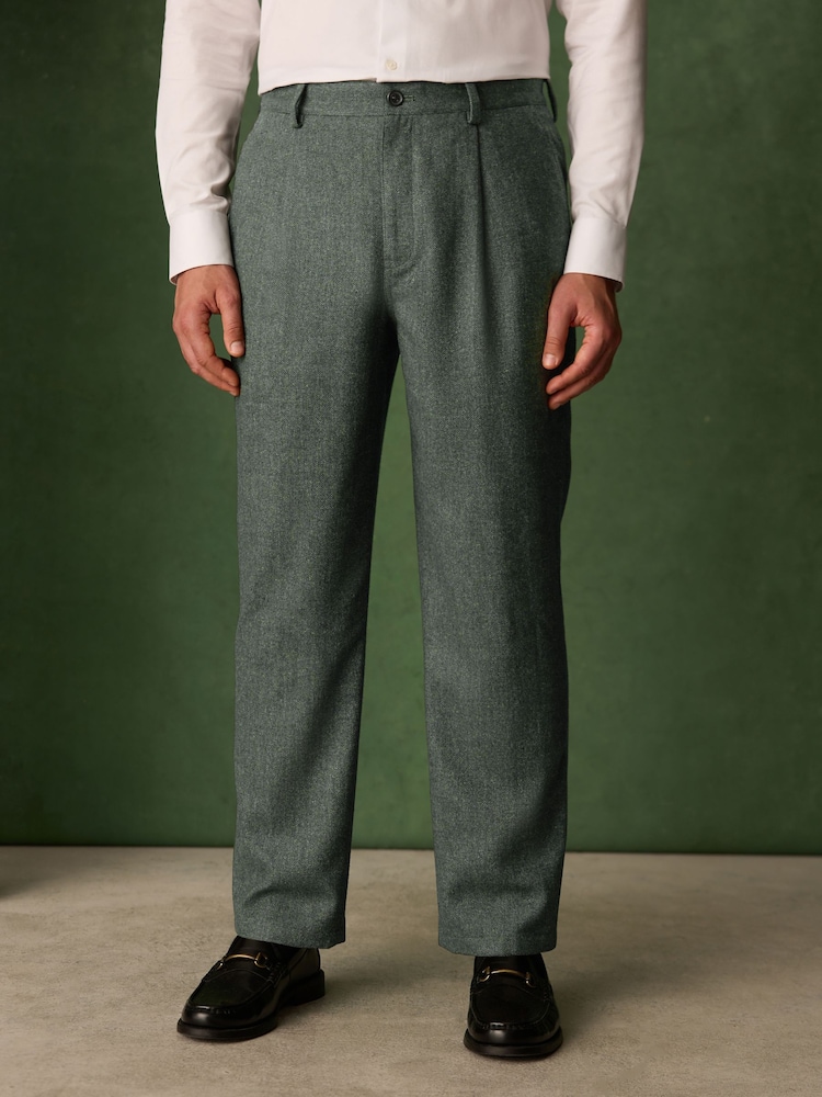 Green Relaxed Fit With Nova Fides Italian Wool Textured Herringbone Suit Trousers - Image 1 of 10 Green Relaxed Fit With Nova Fides Italian Wool Textured Herringbone Suit Trousers - Image 1 of 10