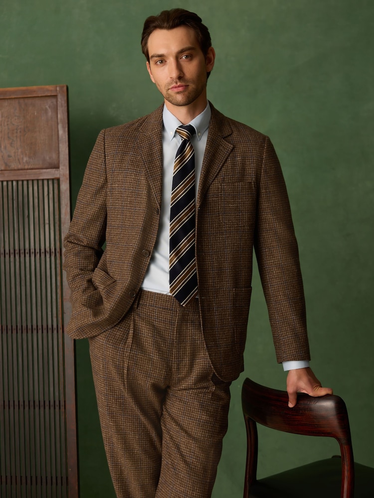 Brown Relaxed Fit Textured Check Suit Jacket With Wool - Image 1 of 12 Brown Relaxed Fit Textured Check Suit Jacket With Wool - Image 1 of 12