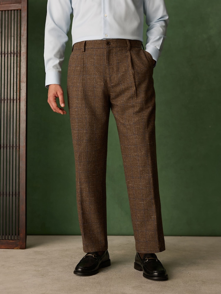 Brown Relaxed Fit Textured Check Suit Trousers With Wool - Image 1 of 11