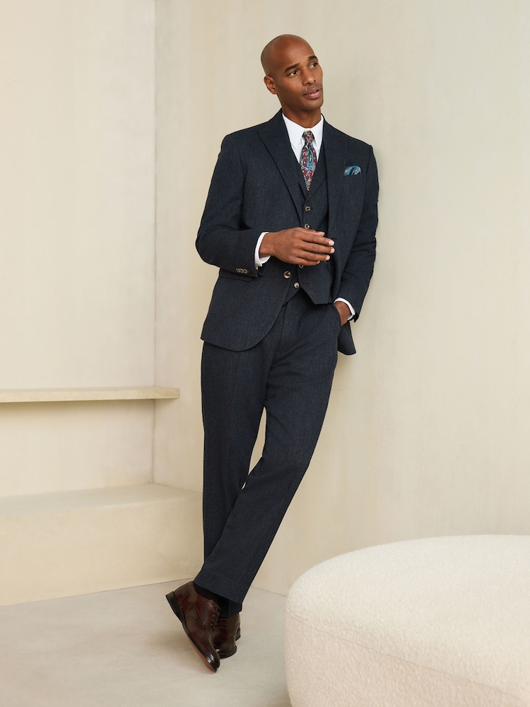 Marineblau - Regular Fit Nova Fides Italian Wool Blend Trimmed Textured Suit Jacket - Bild 1 von 4 Marineblau - Regular Fit Nova Fides Italian Wool Blend Trimmed Textured Suit Jacket - Bild 1 von 4