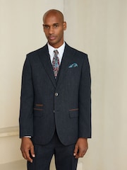 Marineblau - Regular Fit Nova Fides Italian Wool Blend Trimmed Textured Suit Jacket - Bild 2 von 4