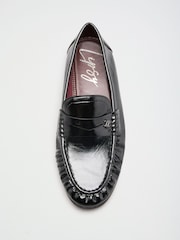 Lipsy Black Standard Fit Ruched Flat Slim Slip On Branded Pin Penny Loafers - Image 1 of 5