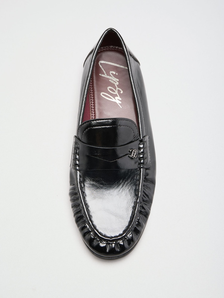 Lipsy Black Standard Fit Ruched Flat Slim Slip On Branded Pin Penny Loafers - Image 1 of 5 Lipsy Black Standard Fit Ruched Flat Slim Slip On Branded Pin Penny Loafers - Image 1 of 5