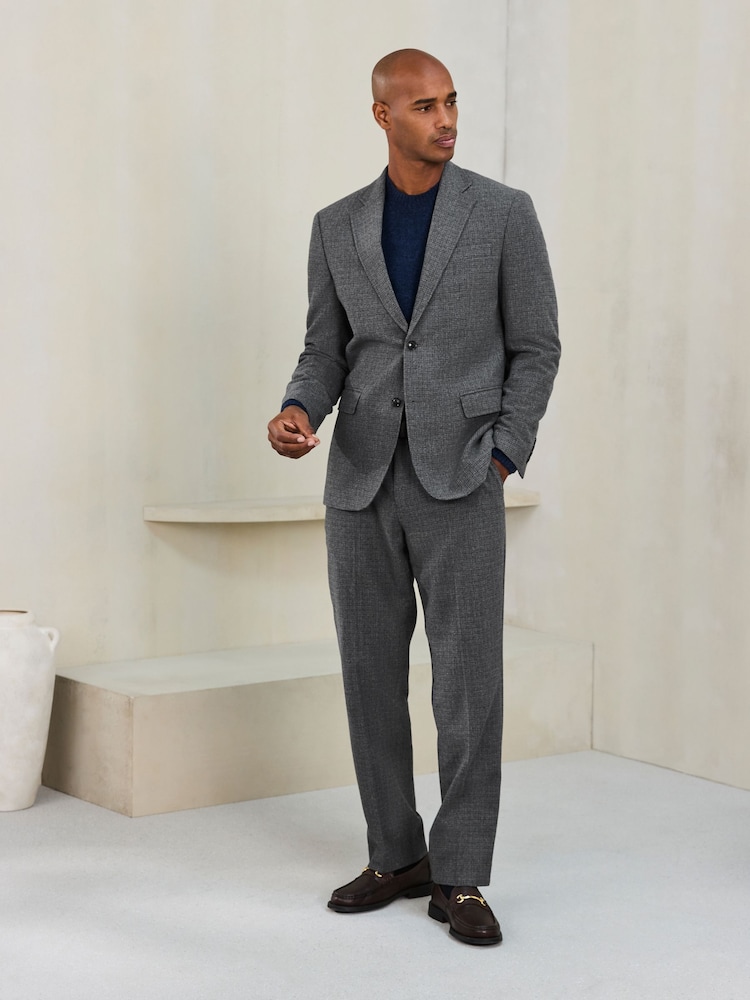 Grey Regular Fit Wool Blend Textured Check Suit Trousers - Image 1 of 4 Grey Regular Fit Wool Blend Textured Check Suit Trousers - Image 1 of 4