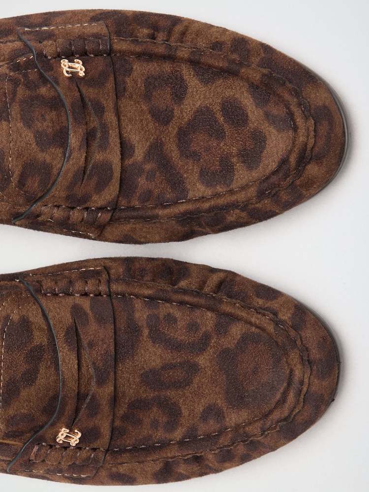 Lipsy Leopard Standard Fit Ruched Flat Slim Slip On Branded Pin Penny Loafers - Image 5 of 5