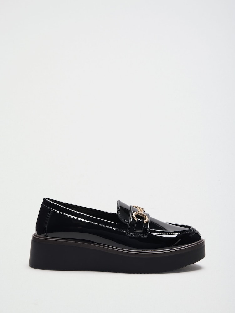 Black Patent Standard Fit Snaffle Trim Patent Wedge Platform Slip On Loafers - Image 1 of 5