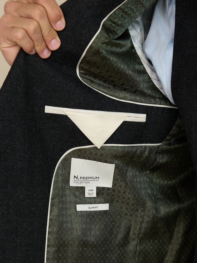 Charcoal Grey Slim Fit Wool Blend Flannel Suit Jacket - Image 5 of 5