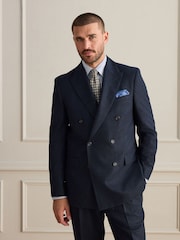 Navy Signature Double Breasted Tailored Fit Zignone Wool Cashmere Check Flannel Suit Jacket - Image 1 of 10