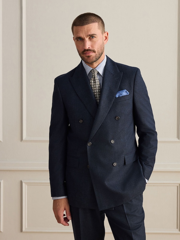 Navy Signature Double Breasted Tailored Fit Zignone Wool Cashmere Check Flannel Suit Jacket - Image 1 of 10 Navy Signature Double Breasted Tailored Fit Zignone Wool Cashmere Check Flannel Suit Jacket - Image 1 of 10