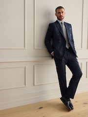 Navy Signature Double Breasted Tailored Fit Zignone Wool Cashmere Check Flannel Suit Jacket - Image 2 of 10