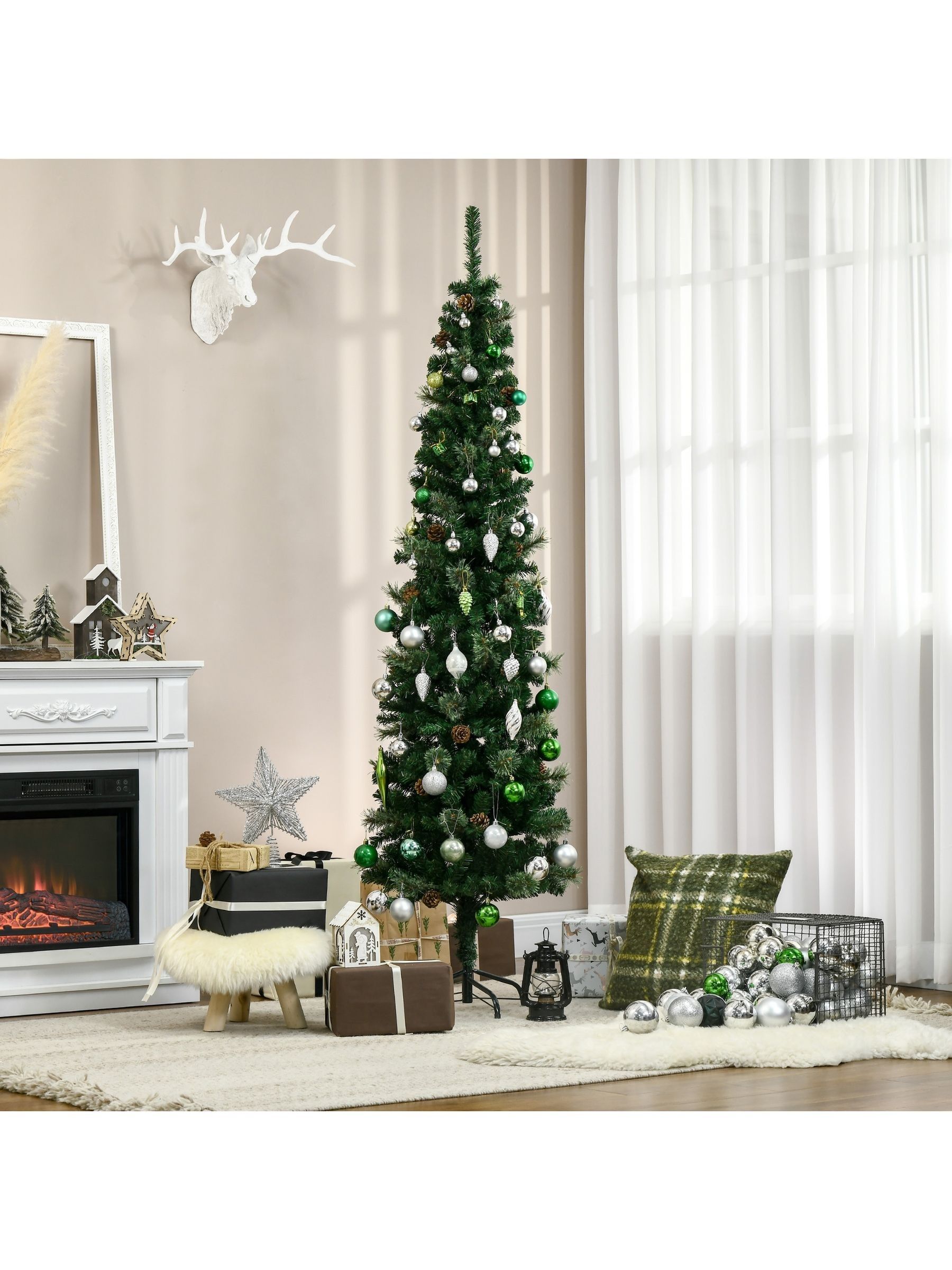 HOMCOM 6.5FT Artificial Slim Christmas Tree - Green Pine Cones - Flame-Retardant - Easy Setup - Image 8