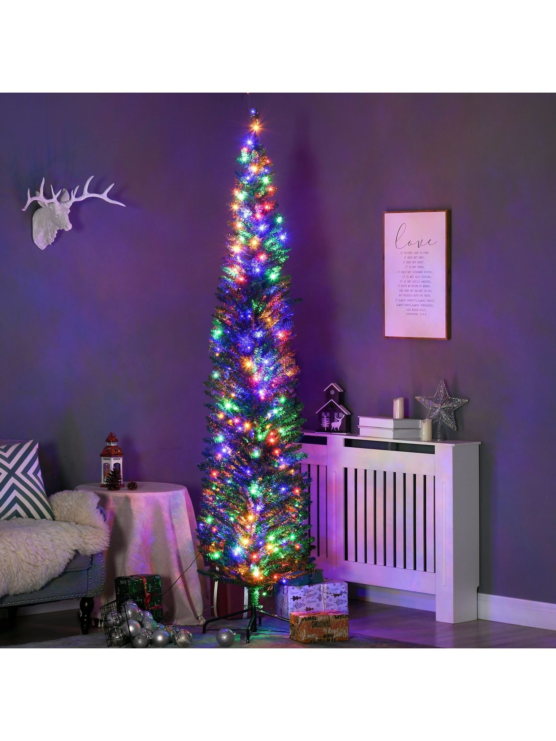 Homcom Green 7.5' Artificial Prelit Christmas Trees Holiday Décor With Colourful Led Lights, Pencil Shape, Steel Base - Image 6