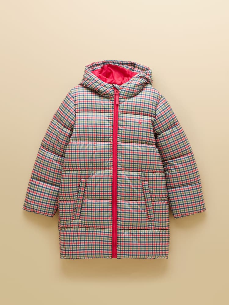 Rosa, kariert - Joules Girls' Long Cairn Showerproof Padded Coat - Bild 1 von 4