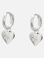 Oliver Bonas Sterling Silver Cora Engraved Heart Charm Hoop Drop Earrings - Image 1 of 5