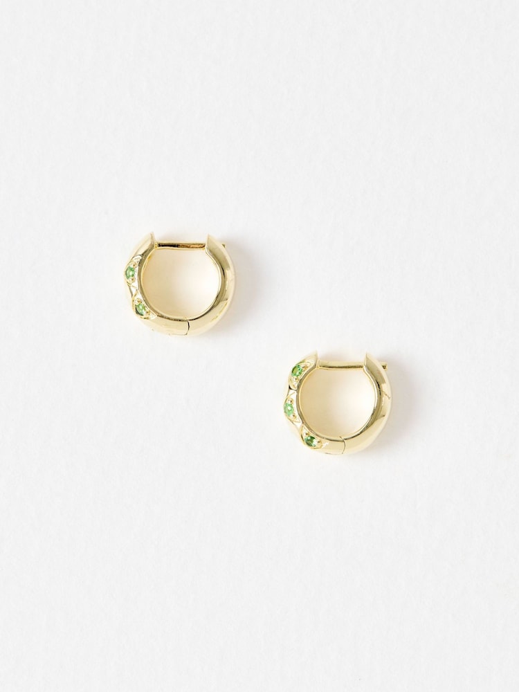 Oliver Bonas Green Gianna Siamite Gold Plated Clicker Hoop Earrings - Image 2 of 5