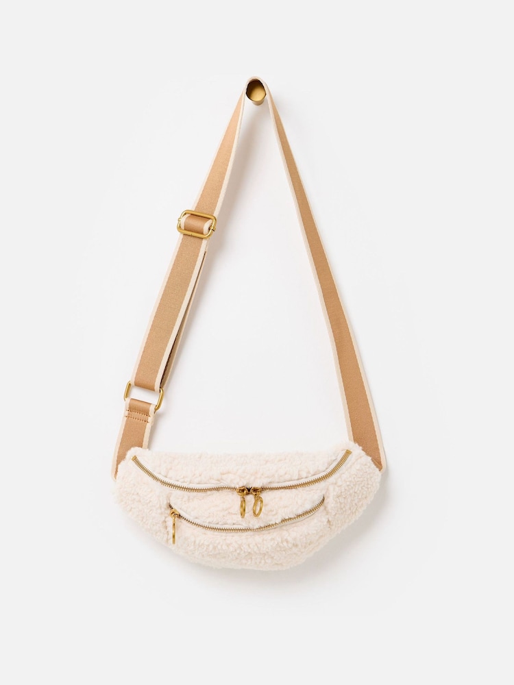 Oliver Bonas Cream Faux Shearling Double Zip Belt Bag - Image 1 of 5