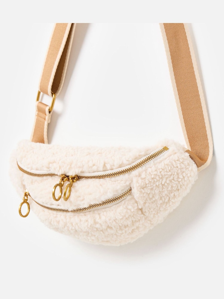 Oliver Bonas Cream Faux Shearling Double Zip Belt Bag - Image 2 of 5