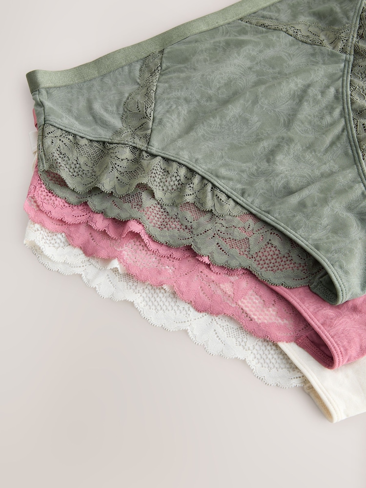 Green/Pink/Cream High Waist High Leg Lace Trim Knickers 3 Pack - Image 9 of 9