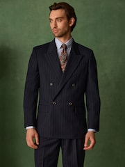 Navy Double Breasted Relaxed Fit Archive Wool Blend Striped Suit Jacket - Image 1 of 8