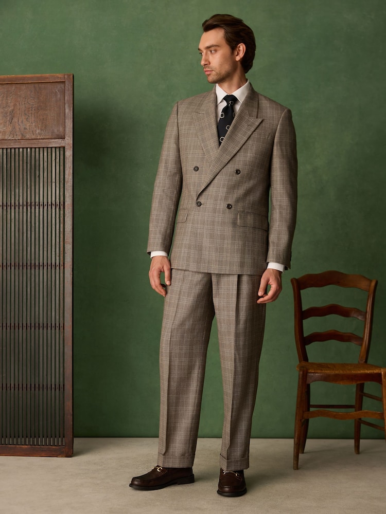 Taupe Double Breasted Relaxed Fit Archive Wool Blend Check Suit Jacket - Image 1 of 7 Taupe Double Breasted Relaxed Fit Archive Wool Blend Check Suit Jacket - Image 1 of 7