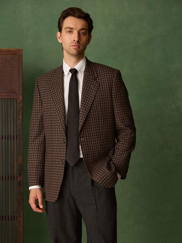 Brown Relaxed Fit Archive Wool Blend Gingham Suit Jacket - Image 1 of 6 Brown Relaxed Fit Archive Wool Blend Gingham Suit Jacket - Image 1 of 6