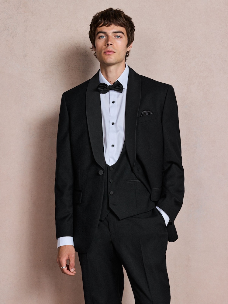 Black N. Premium Regular Fit Tuxedo Wool Blend Crepe Textured Shawl Suit Jacket - Image 1 of 6