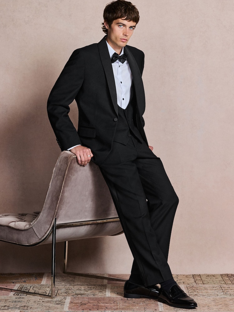 Black N. Premium Regular Fit Tuxedo Wool Blend Crepe Textured Shawl Suit Jacket - Image 2 of 6
