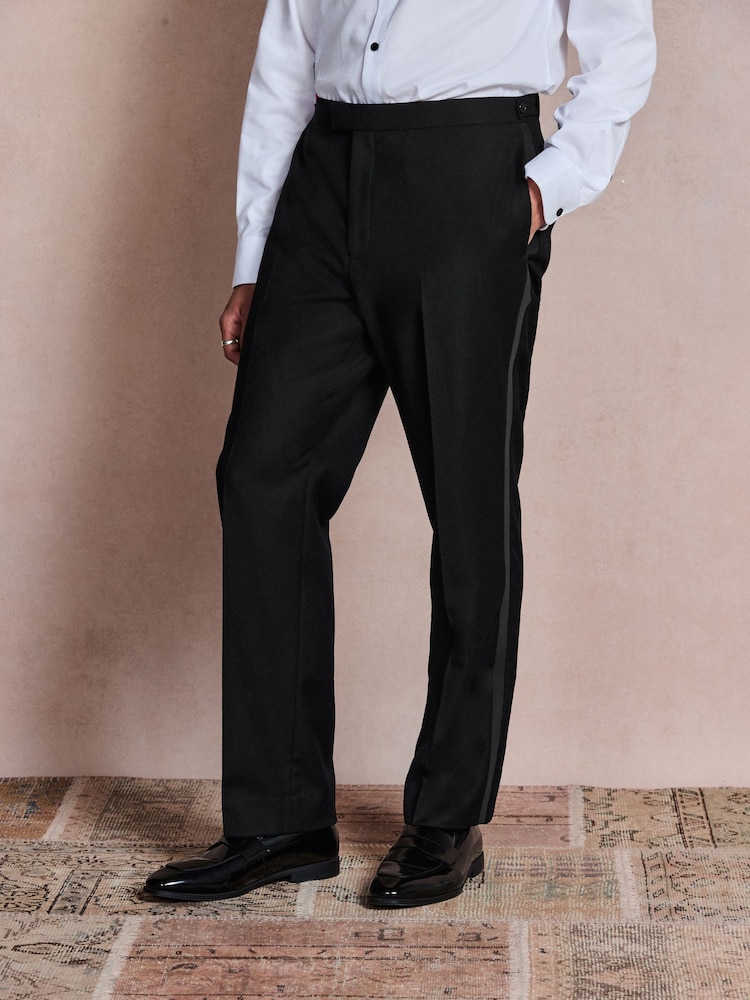 Black N. Premium Regular Fit Tuxedo Wool Blend Crepe Textured Suit Trousers With Tape Detail - Image 1 of 9
